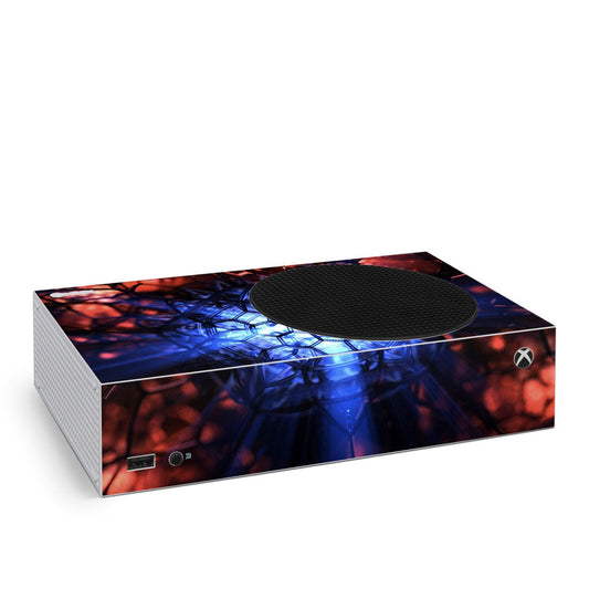 Xbox Series S skin with geometric red, blue pattern and black top circle cutout