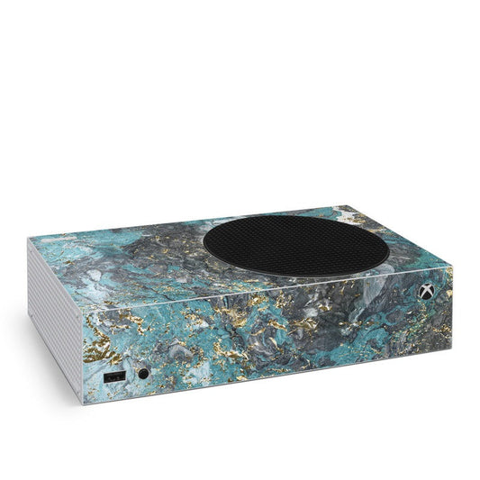 Xbox Series S console skin, teal and gold marble pattern with vent and port cutouts