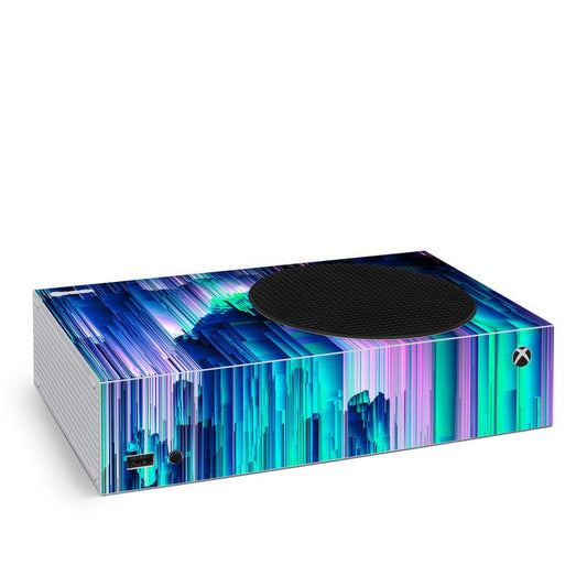 Xbox Series S skin with colorful glitch city graphic in blue, green, and purple