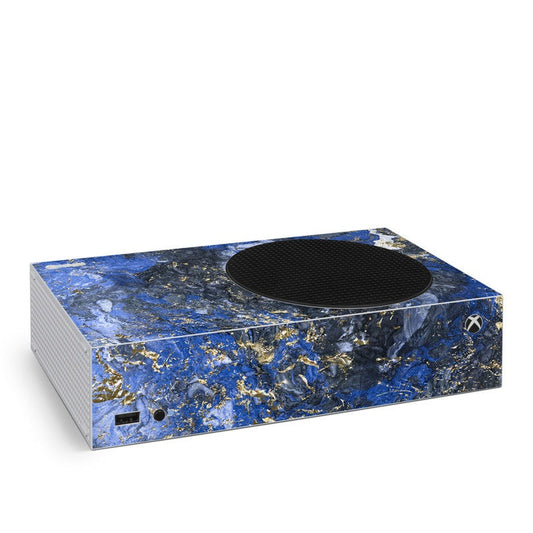 Xbox Series S skin with blue and gold marble pattern, circular vent cutout.