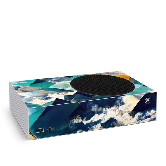 Xbox Series S skin: blue cloud teal geometric print with black vent circle and Xbox logo