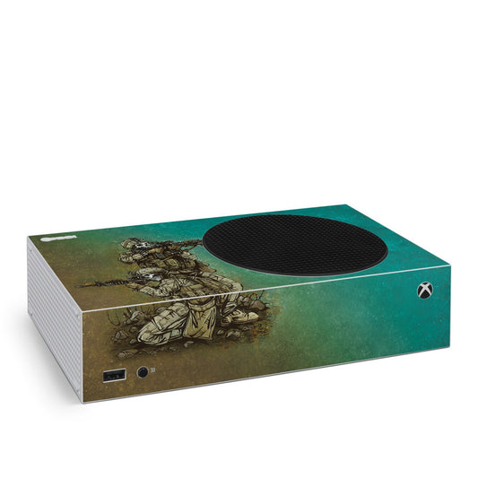 Xbox Series S console skin decal, green with soldier graphic and black vent circle