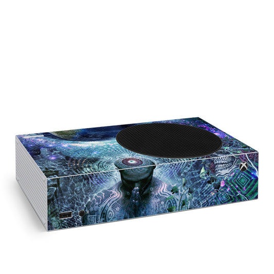 Xbox Series S skin with vibrant cosmic artwork and purple-blue pattern