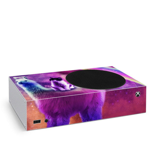 Xbox Series S skin with purple and blue graphic, circular vent cutout, front corner details