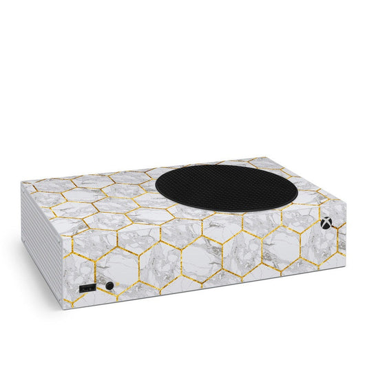 Microsoft Xbox Series S skin with honey marble and gold hex pattern