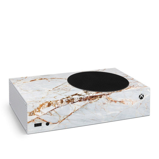 Xbox Series S skin, white and amber marble design with black oval vent area