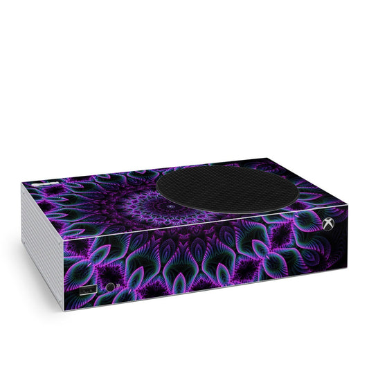Xbox Series S skin with purple neon pattern and black top panel cutout