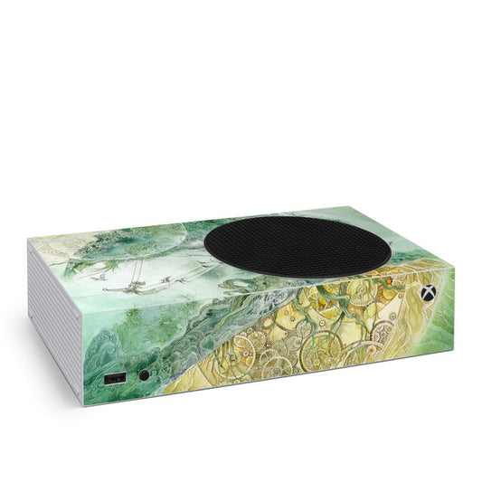 Xbox Series S skin with abstract green and yellow pattern and centered black vent circle