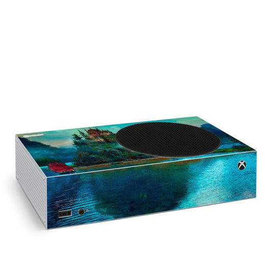 Xbox Series S console skin with teal blue ocean landscape and circular vent cutout