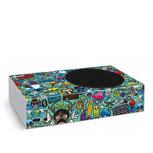 Xbox Series S console skin with colorful cartoon graffiti pattern and black center circle