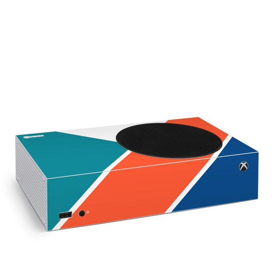 Xbox Series S skin with geometric teal, orange, and blue stripes