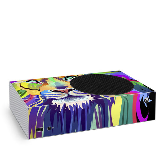 Xbox Series S skin with colorful graphic, circular vent cutout, and Xbox logo on side