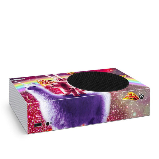 Xbox Series S skin with colorful llama artwork and rainbow galaxy graphics