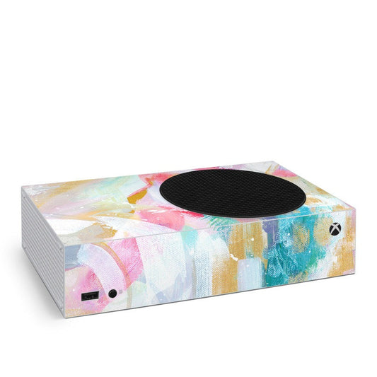 Xbox Series S skin with colorful abstract pastel artwork and black top panel cover