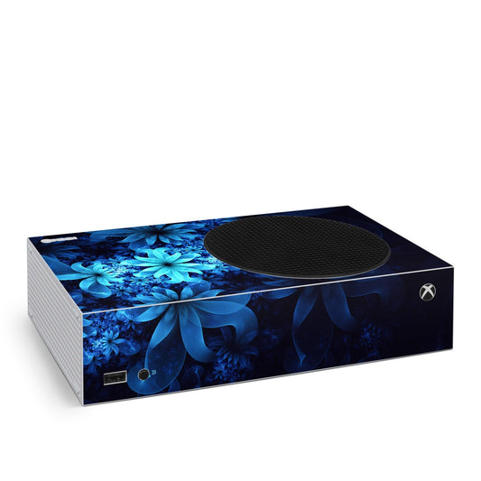 Microsoft Xbox Series S skin with blue glowing flowers, dark ribbon pattern, and black speaker grille