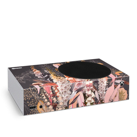 Lupines Xbox Series S skin in floral chocolate-themed box with circular cutout