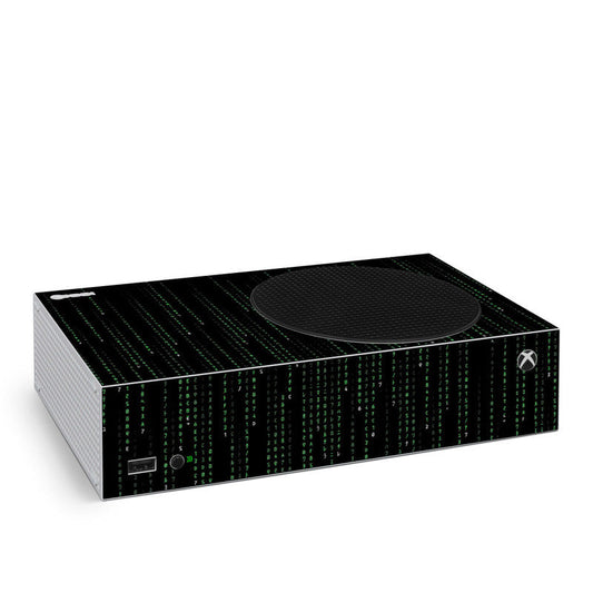 Xbox Series S console skin with Matrix code design, black base and green text stripes.