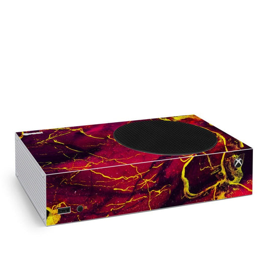 Xbox Series S console skin with marbled purple and yellow design, textured black vent area