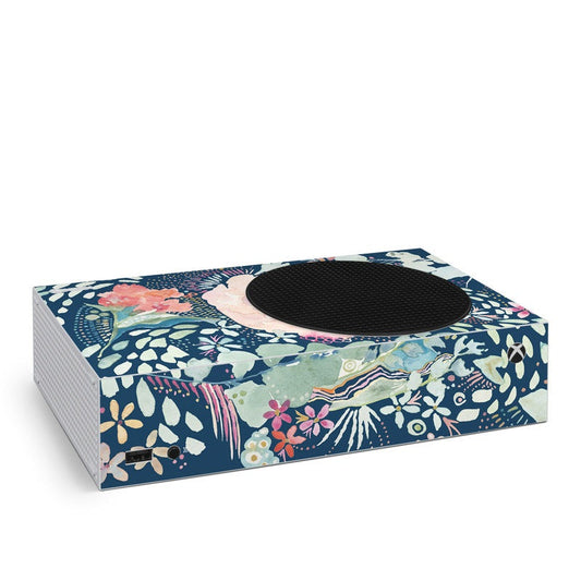Xbox Series S console skin, modern bouquet floral pattern on blue with round cutout