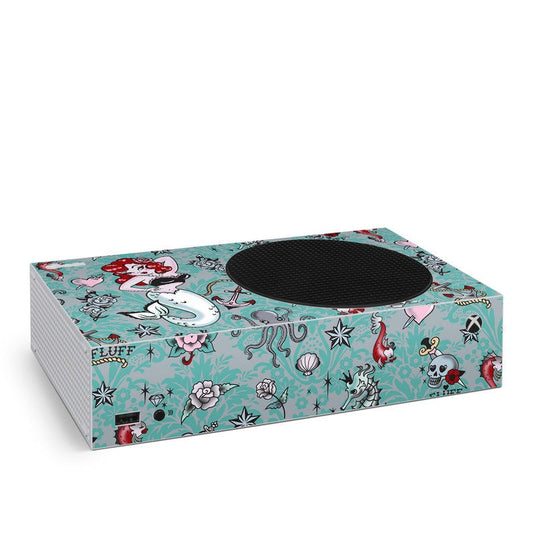 Xbox Series S skin, teal mermaid cartoon pattern with circular controller cutout