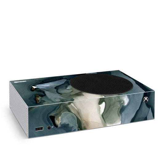 Xbox Series S console skin with abstract blue artwork, shown on retail box.