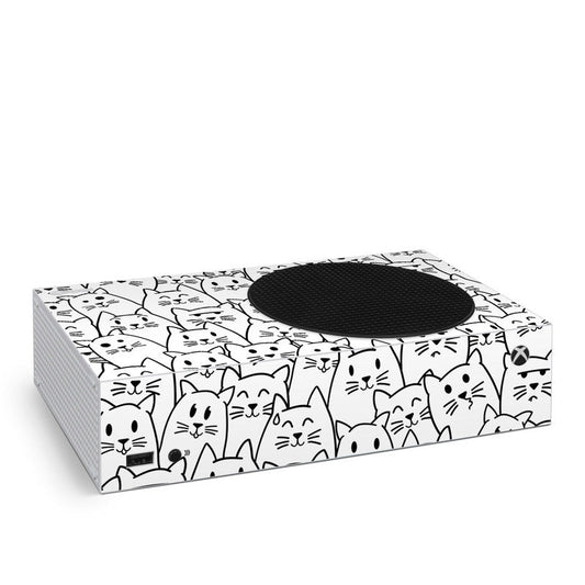 Xbox Series S skin with white cat pattern and black circular controller cutout