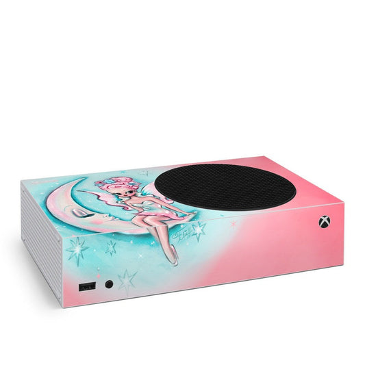 Xbox Series S console skin with pink and teal moon pixie graphic and speaker cutout