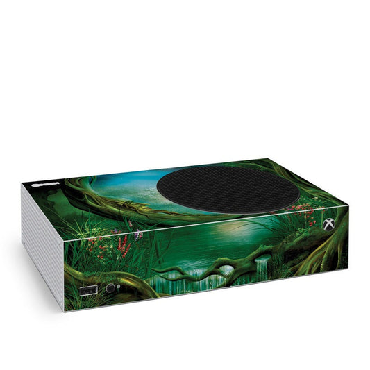 Xbox Series S skin decal with dark green woodland and moon-tree artwork