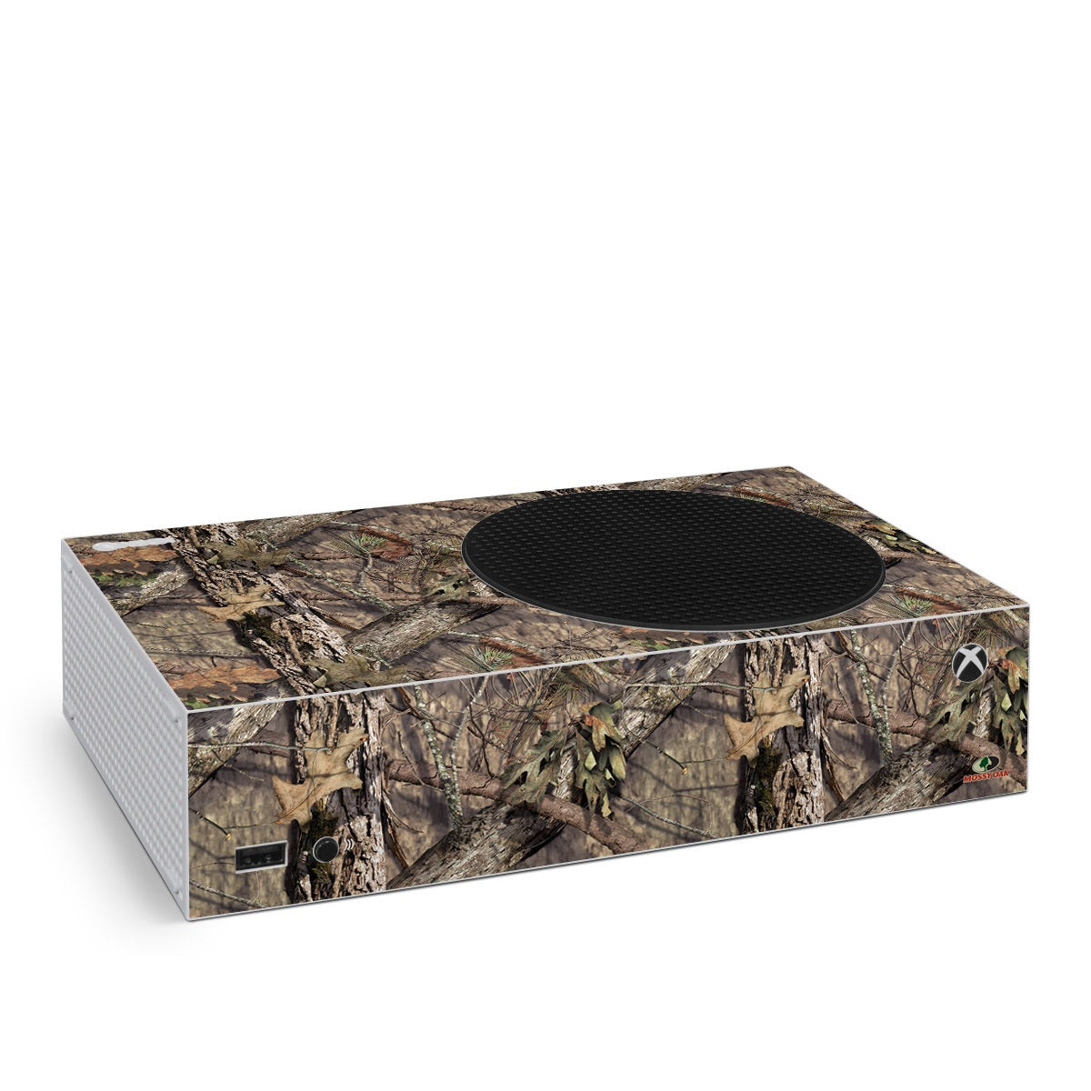 Microsoft Xbox Series S skin with camouflage print and black circular vent cutout