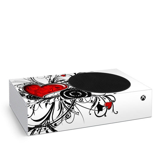 Xbox Series S skin with white, black, and red heart floral design