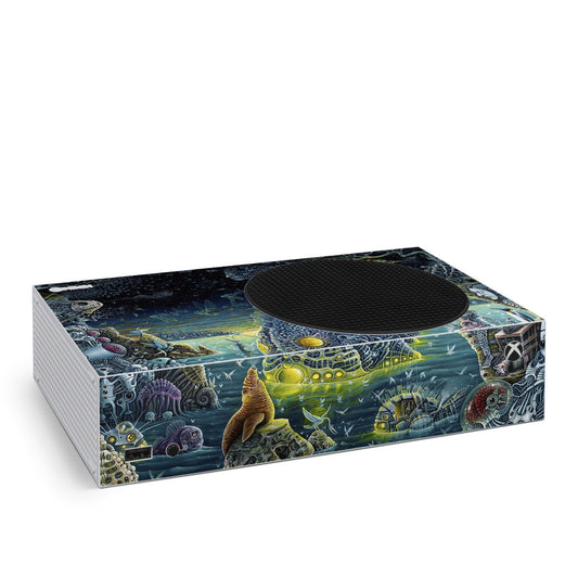 Xbox Series S console skin with underwater sci-fi artwork and circular top cutout