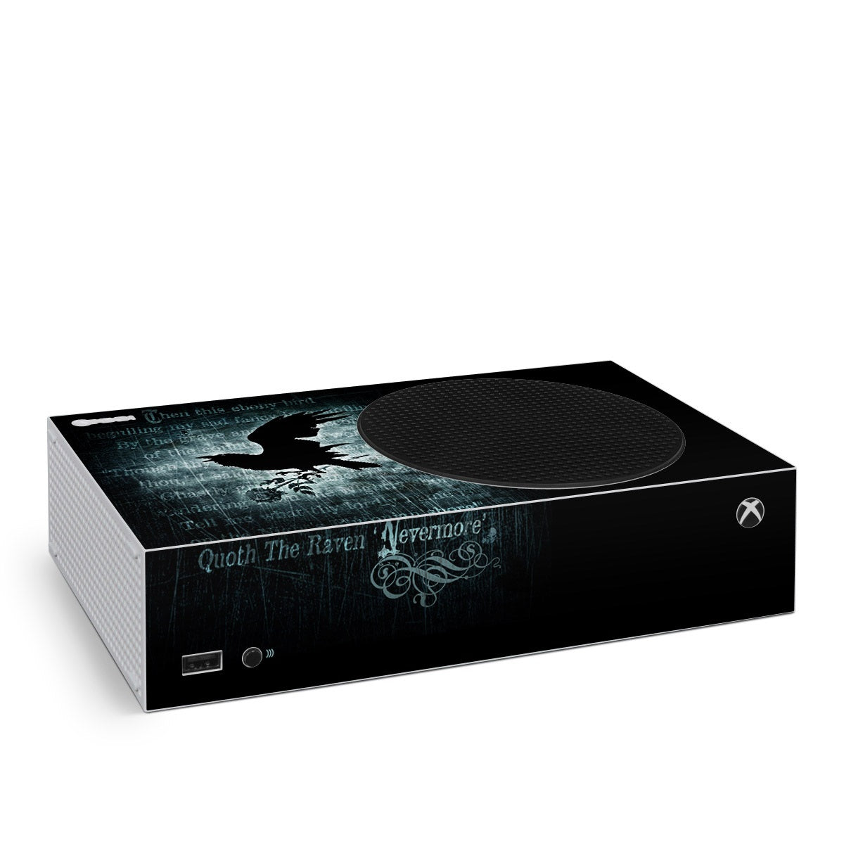 Xbox Series S skin box with raven-themed dark teal graphic and circular disc design