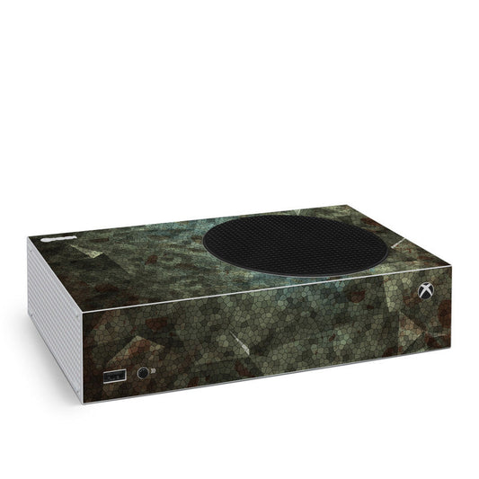 Xbox Series S console skin with green camouflage pattern and black circle vent cover