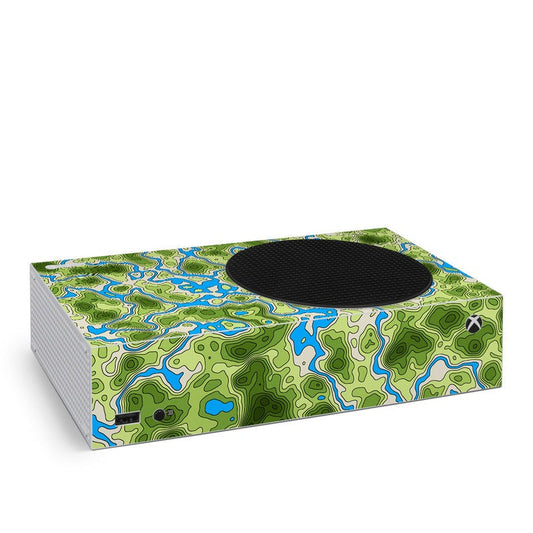 Overlander Xbox Series S skin with green blue map pattern and oval vent cutout