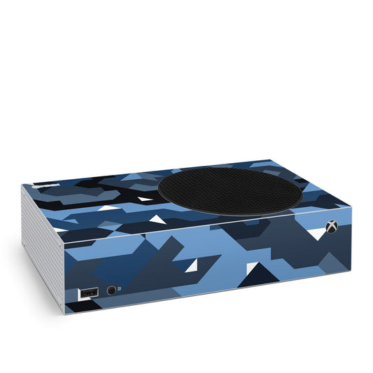 Ozone Xbox Series S skin, blue geometric camouflage pattern with Xbox logo