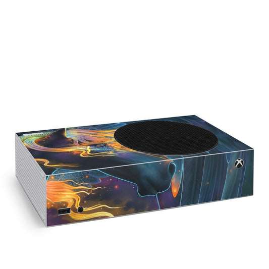 Xbox Series S skin with colorful star and swirl artwork, matching oval top cutout