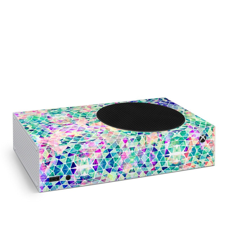 Xbox Series S skin with pastel triangle mosaic pattern and black top cutout