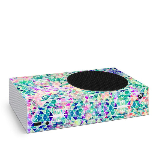 Xbox Series S skin with pastel triangle mosaic pattern and black top cutout