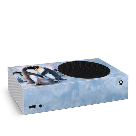 Xbox Series S skin with penguin holding heart graphic and black vent cutout