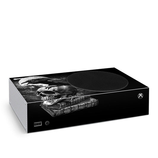 Microsoft Xbox Series S skin with raven skull and books graphic on black base