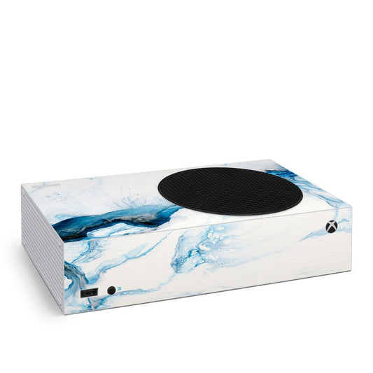 Xbox Series S skin with white-blue marble pattern and black circular disc cutout