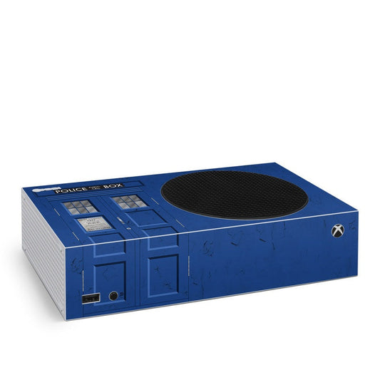 Xbox Series S skin with blue Police Box design and black speaker cutout