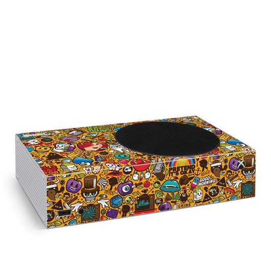 Xbox Series S skin with colorful cartoon icon pattern and black oval vent cutout