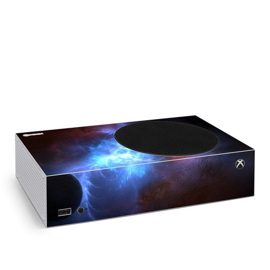 Xbox Series S skin with cosmic blue and black design, circular top cutout