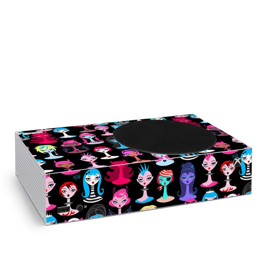 Xbox Series S skin with punk goth doll character pattern on black background