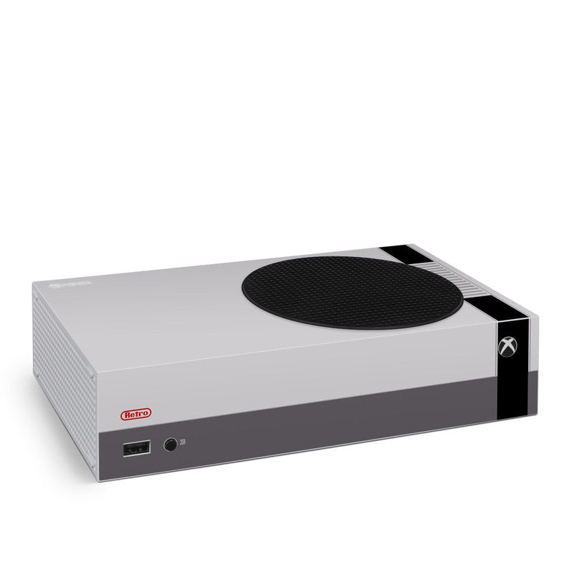 Retro horizontal Xbox Series S skin, white body with black vent and logo panel