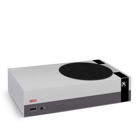Retro horizontal Xbox Series S skin, white body with black vent and logo panel