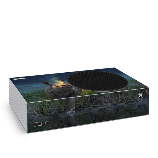 Xbox Series S console skin with rhinoceros unicorn graphic and grass-night design