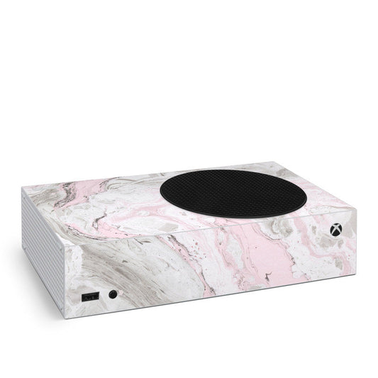 Xbox Series S skin with pink and gray marble pattern and black top vent cover