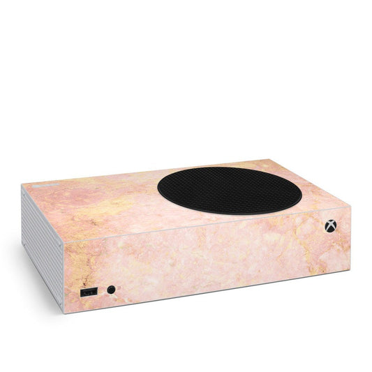 Xbox Series S console skin with rose gold marble pattern and black top vent cutout